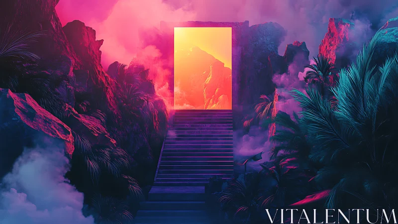 Neon jungle portal opens above misty stone staircase.