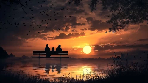 Silhouetted trio on lakeside bench at high-dynamic-range sunset.