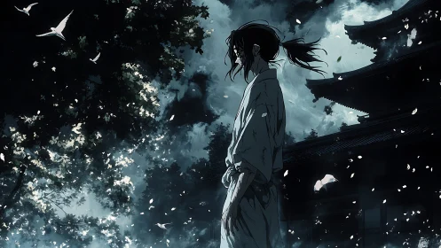 Lone samurai contemplates beneath drifting petals at dusk.