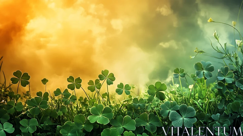 Foreground clover foliage stands before graded sunset sky