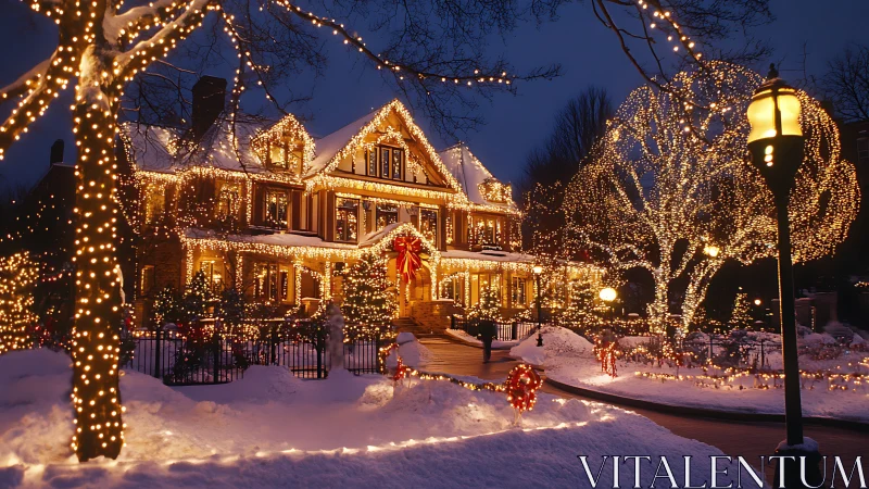 Snow-kissed manor wrapped in golden holiday twinkle lights.