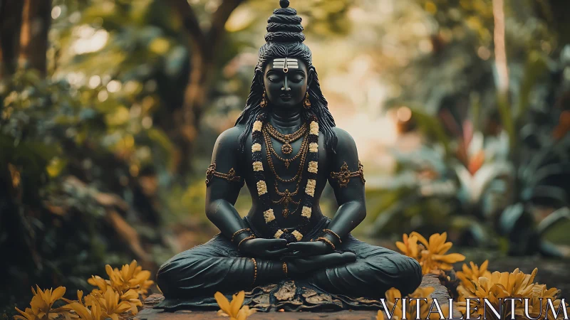 Shiva statue sits in meditative pose within blurred garden