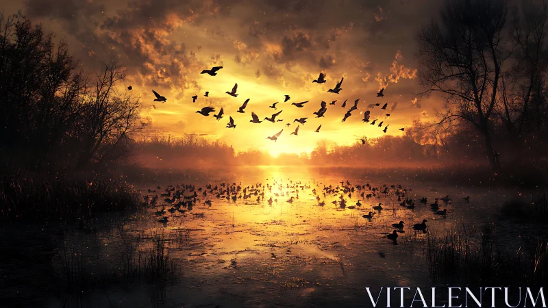 Sunrise wetland with silhouetted flock across golden sky.