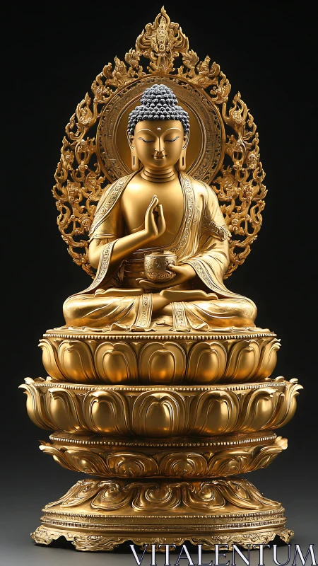 Golden lotus Buddha statue glowing with quiet serenity.