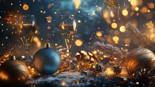 Bokeh-rich festive still life with baubles and flutes aglow.