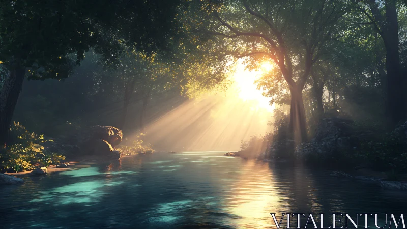 Sunlit forest river welcoming a quiet moment of wonder.