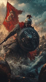 Armored infantry formation advancing with shield and banner.