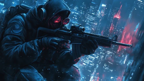 Midnight urban sniper waits in a neon soaked cyber city