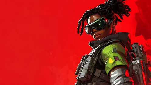 Bold sci fi hero stands ready in bright red battlefield