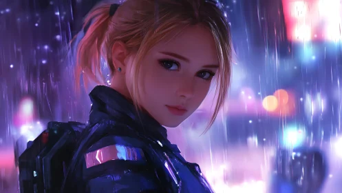Rain-soaked cyber heroine gazes back through neon haze