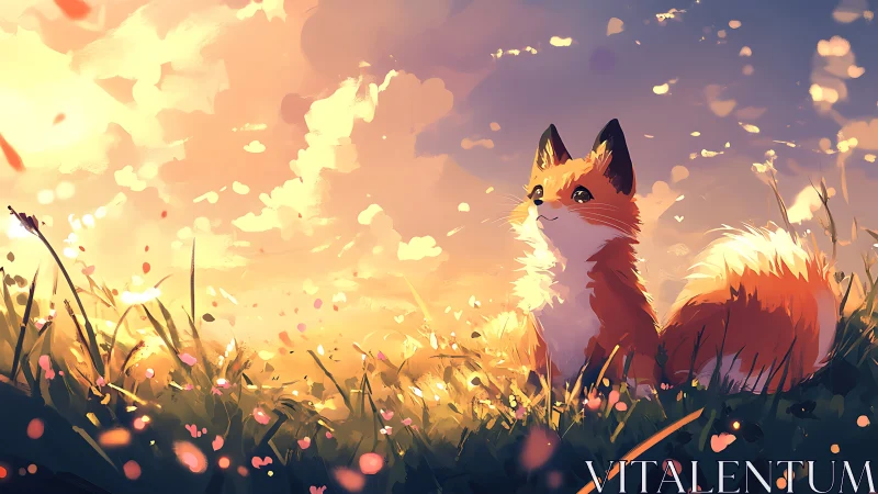 Digital fox illustration observes a sunlit grassy field
