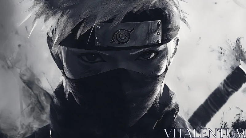 Shadow-eyed ninja gaze in stormy monochrome silence.