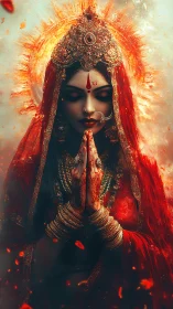 Digital painting of divine feminine avatar in fiery mandala frame.