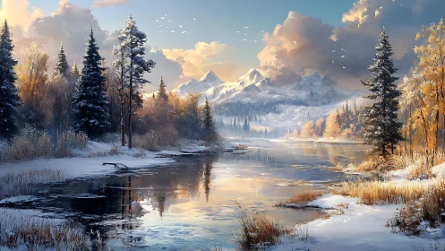 Snow-laden alpine river reflects golden-hour atmospheric light