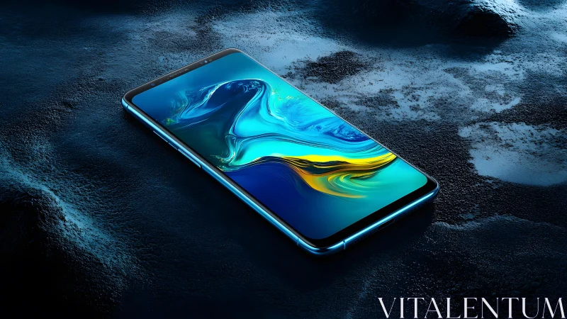 Sleek modern smartphone on artistic blue textured surface, digital art.