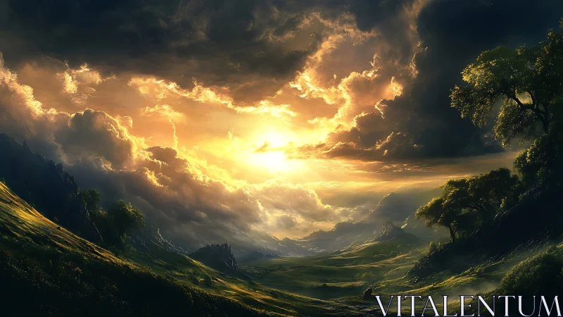 Stormkissed valley ignites beneath a roaring celestial sunrise.
