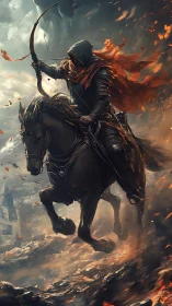 Hooded mounted archer rides through burning storm battlefield.