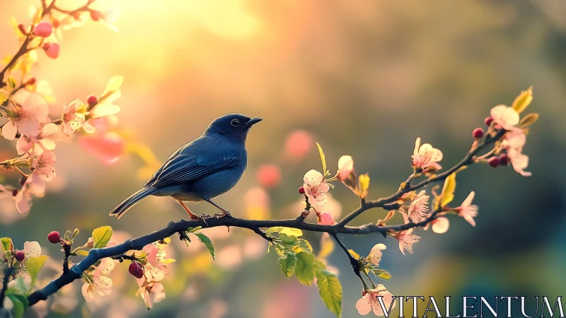 Blue bird perched on flowering branch with soft bokeh background
