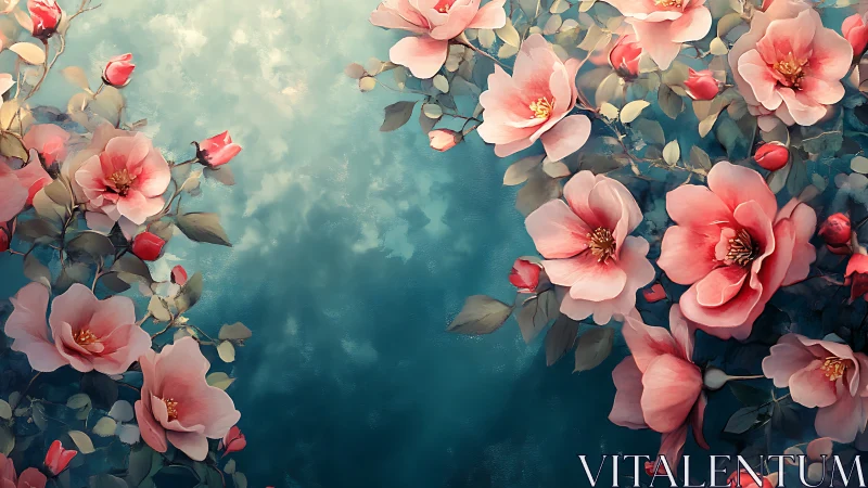 Pink Peonies Against Teal Sky with Clouds.
