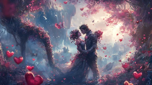 Enchanted Romance: Fantasy Couple Amid Floating Hearts and Blooms.