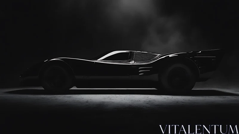 Sleek retro-futuristic black coupe in dramatic rim lighting.