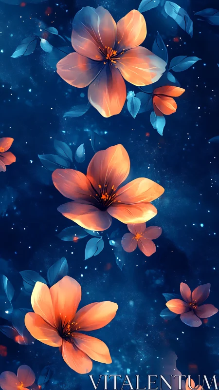 Luminous Flowers Suspended in Deep Space with Glowing Particles