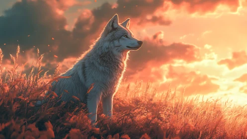 Lone wolf watches a blazing sunset over glowing meadow