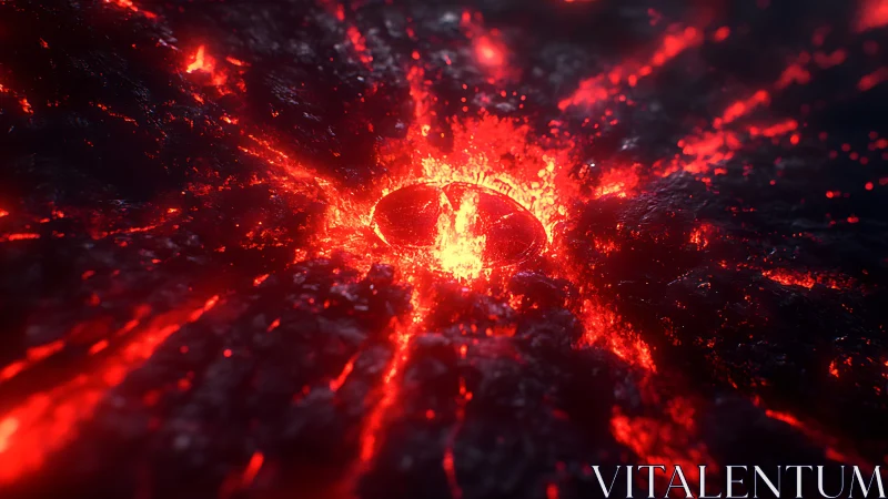 Molten crater with central lava pool in dark terrain.