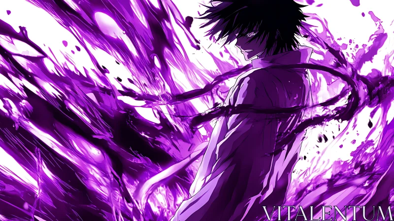 Male anime figure stands amid dynamic purple energy flows