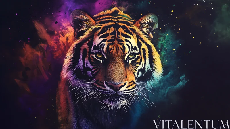 Vibrant cosmic tiger portrait glows against a dark nebula