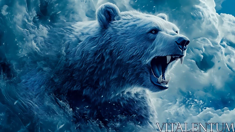 Roaring polar bear emerges from turbulent glacial vortex in blue