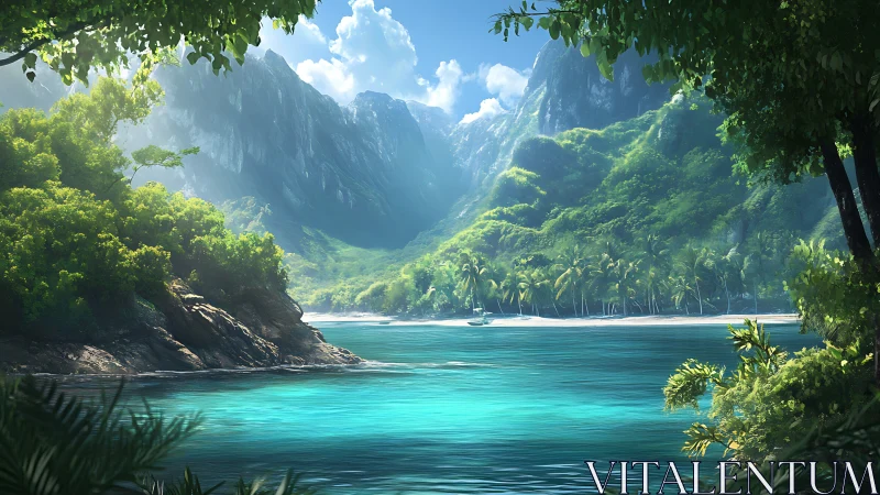 Tropical bay surrounded by steep mountains and dense vegetation