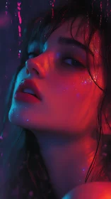 Neon drenched portrait with cinematic wet skin lighting.