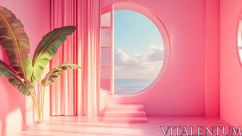 Digital pastel interior with circular ocean viewport and flora.