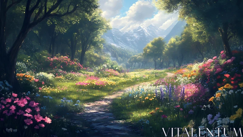 Sunlit meadow path winding through dream-bright wildflowers.