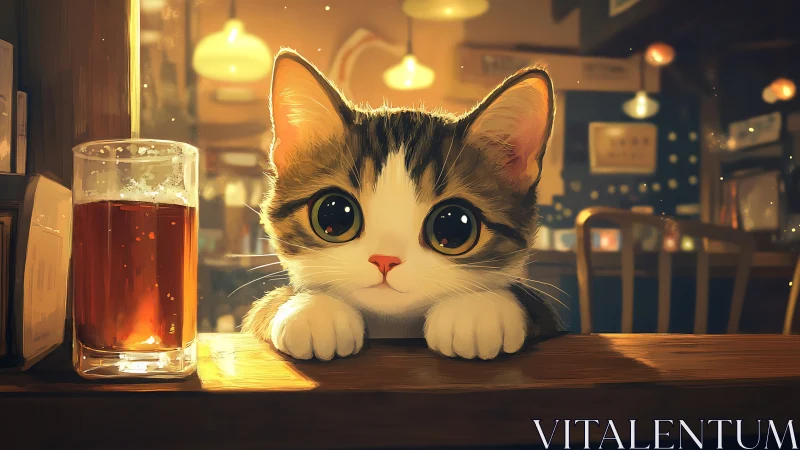 Adorable Kitten's Candlelit Moment at the Cozy Cafe.