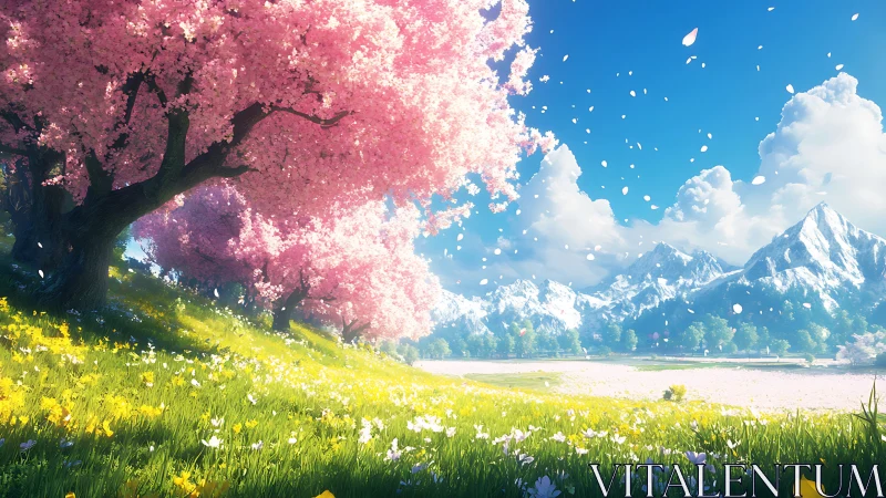 Blossoming cherry valley under bright blue mountain skies.