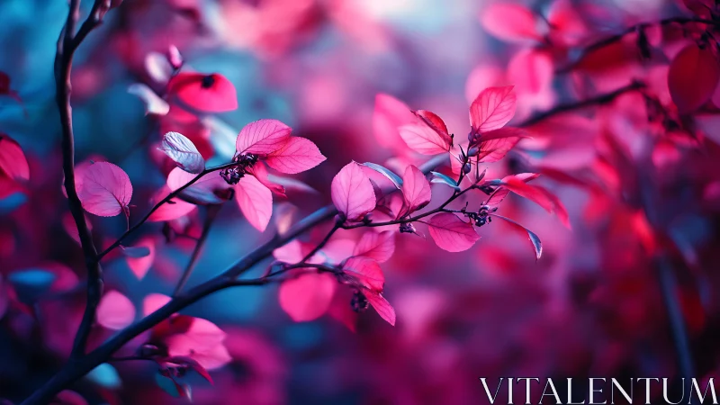 Neon pink foliage glows against cool cyan forest blur.