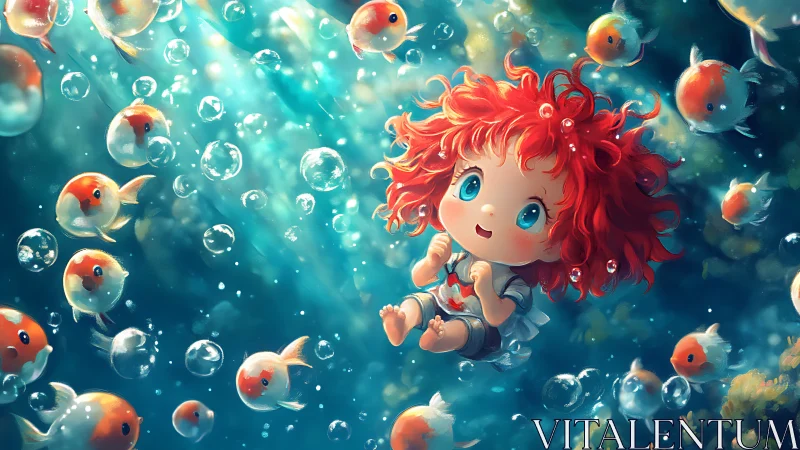 Red haired chibi child drifting with glowing goldfish underwater.