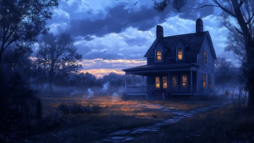 Isolated farmhouse glows under brooding twilight sky.