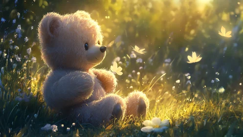 Plush teddy bear in sunlit meadow surrounded by butterflies.