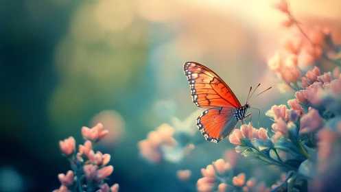 Orange butterfly on pastel flowers in soft dreamy light.
