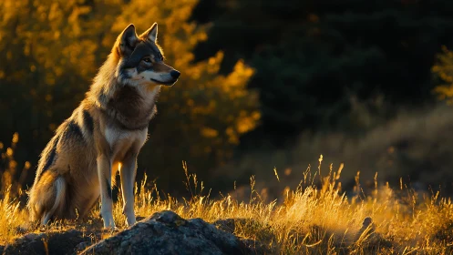 Wolf in late sunlight on grassy hillside with dark backdrop.