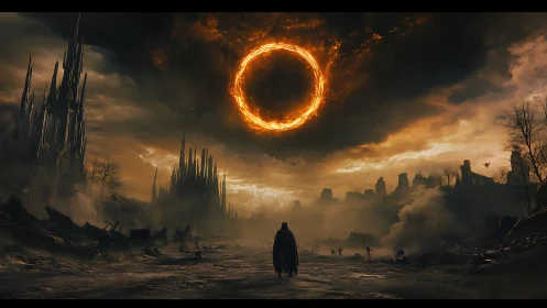 Cloaked figure in ruined landscape under fiery sky ring.