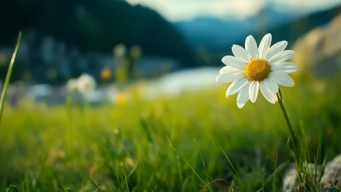 Single white daisy in shallow depth-of-field landscape study.