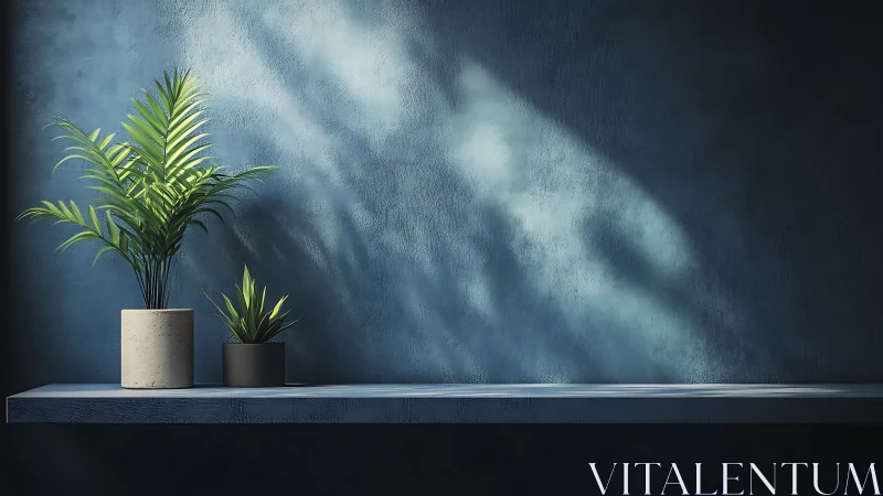 Sunlit potted plants animate a minimalist blue interior wall