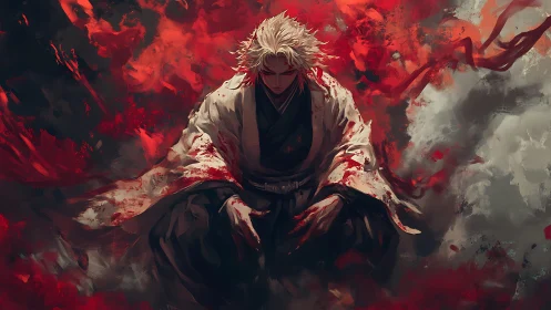 Warrior figure sits centrally amid red abstract motion