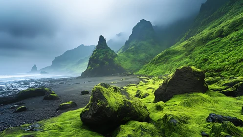 Moss-covered coastal cliffs under heavy fog and clouds.