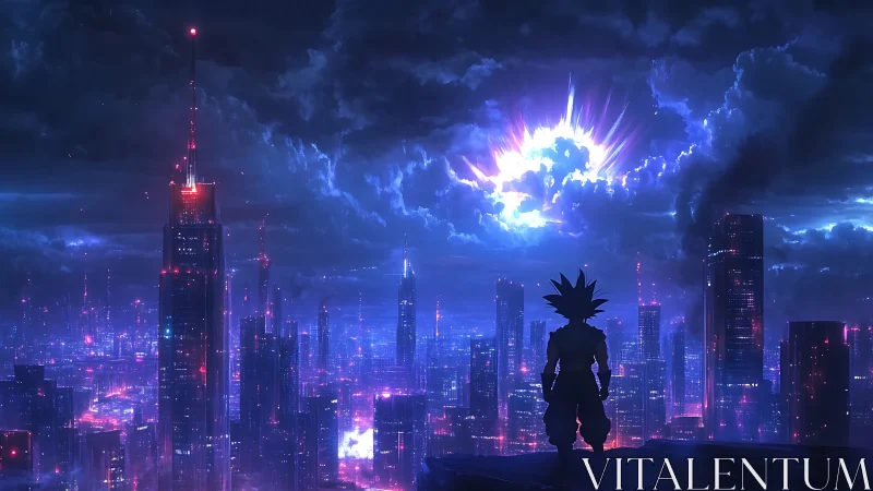 Silhouetted figure overlooks neon city beneath explosive sky