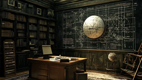 Scholarly study glows with maps, globes, and towering bookshelves